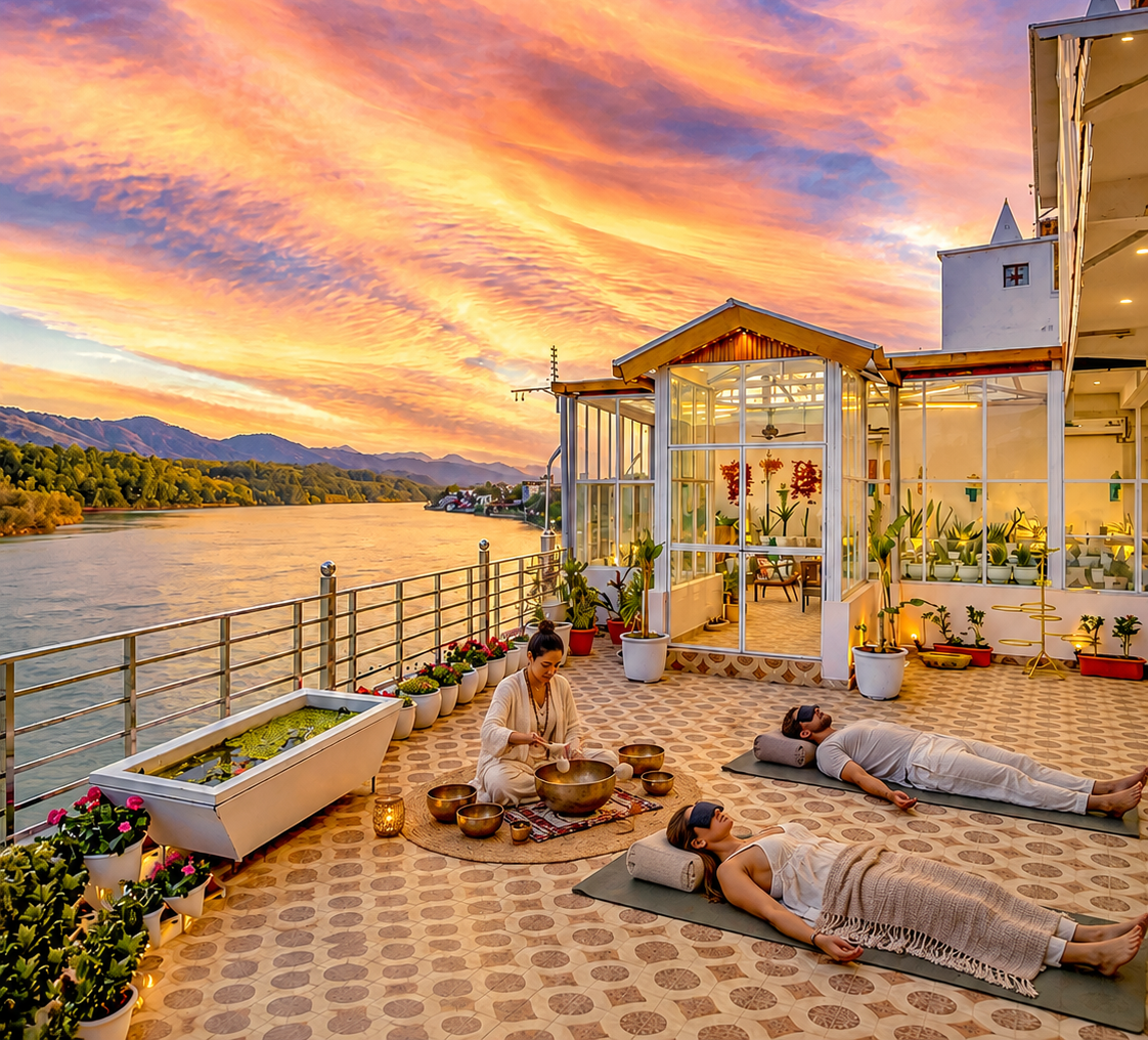 Open-air yoga and meditation space with mats overlooking greenery.