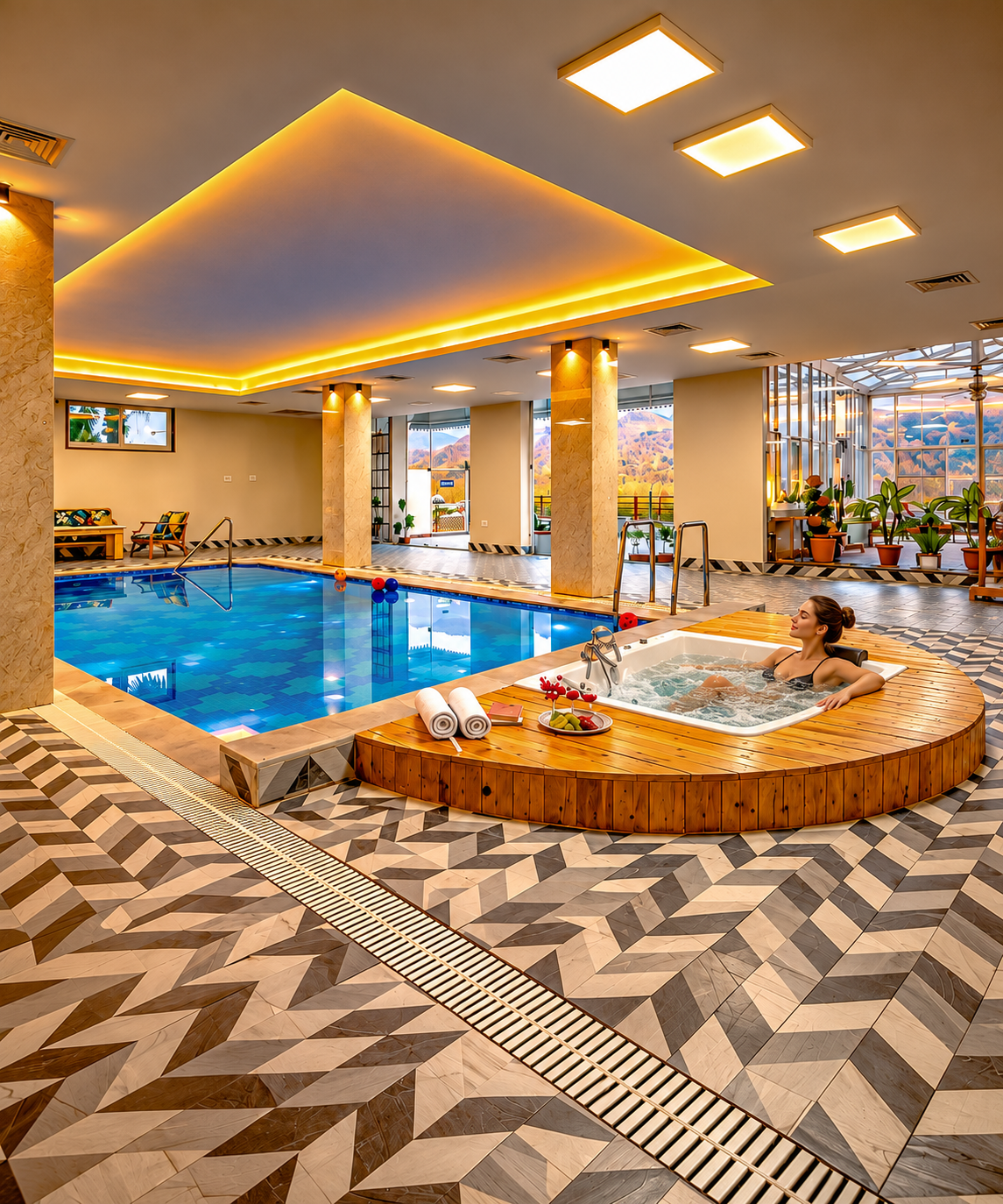Guest relaxing in the outdoor jacuzzi surrounded by greenery.